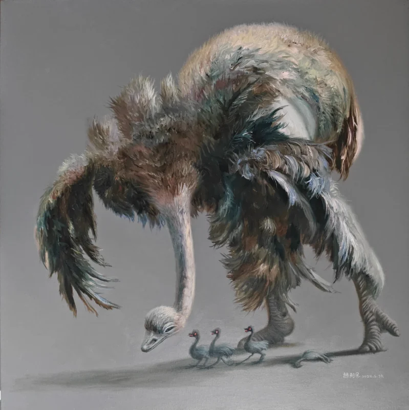 A large ostrich bends its neck toward several chicks beneath its body. The bird’s exaggerated form creates a dreamlike atmosphere. Oil on canvas.
