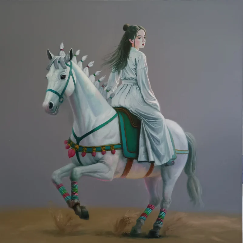 A young woman dressed in white rides a white horse against a muted gray background. Decorative details add a fairy-tale atmosphere. Oil on canvas.