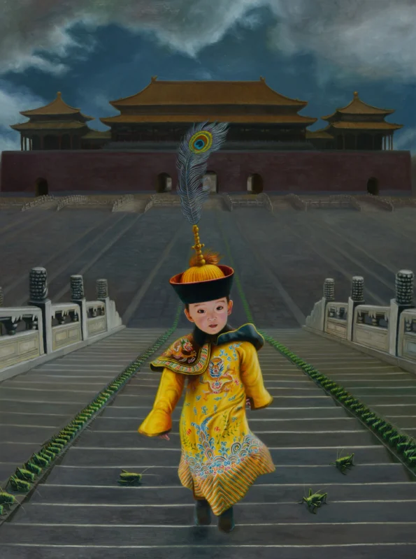 A childlike emperor figure in yellow ceremonial robes walks alone toward a palace courtyard. Oil on canvas.
