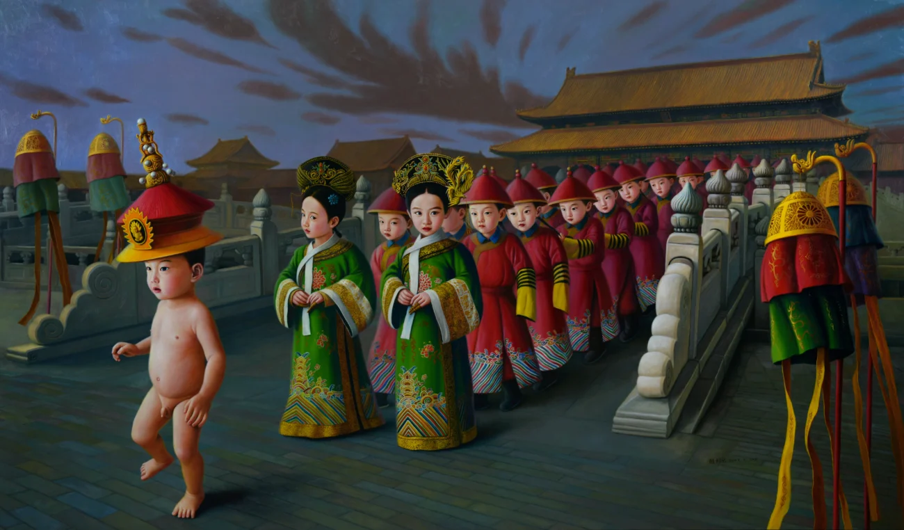 A naked childlike emperor walks in front of a ceremonial procession within an imperial palace setting. Oil on canvas.
