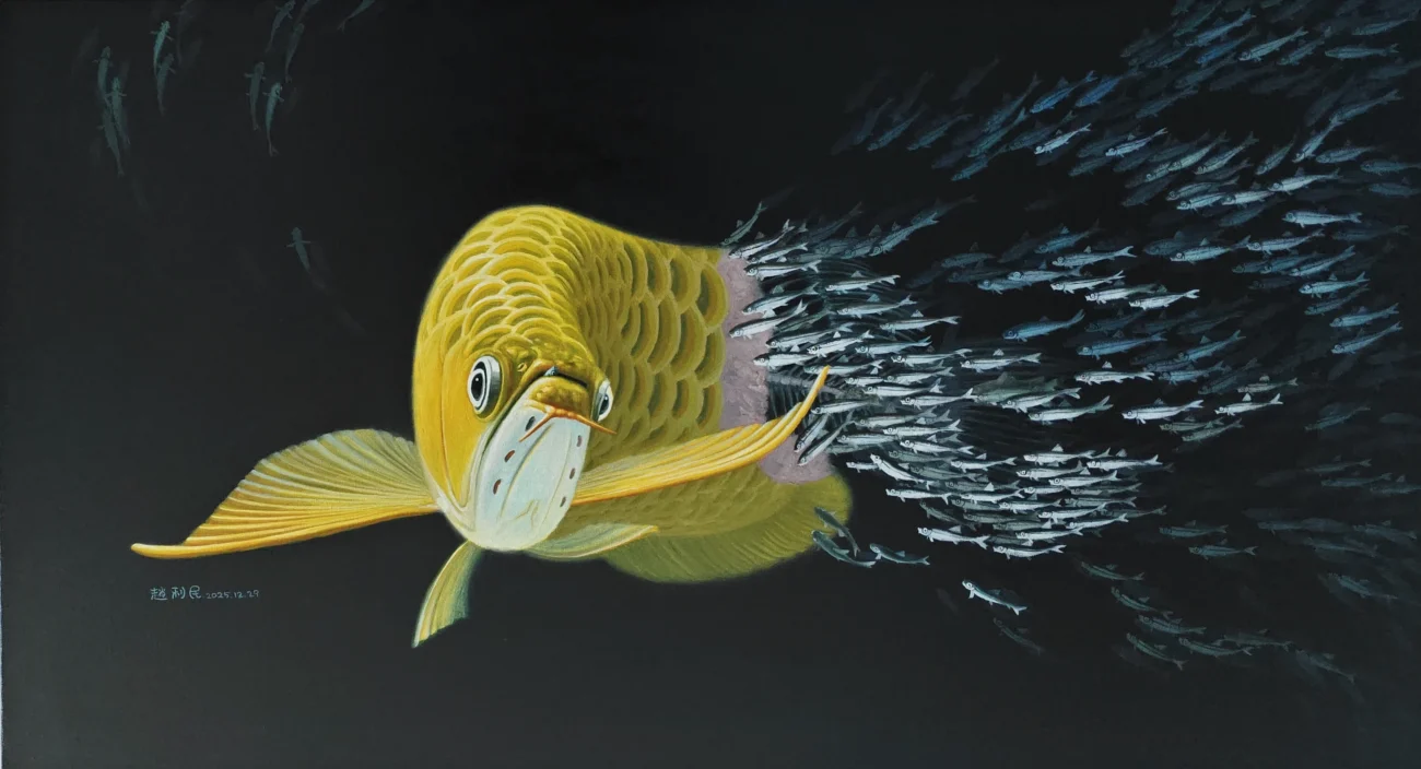 A surreal yellow fish with wheat-like scales swims through a dark underwater space, surrounded by a swirling school of small fish. Oil on canvas.