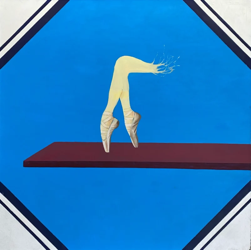 Minimalist conceptual painting featuring floating dancing shoes within a geometric space.