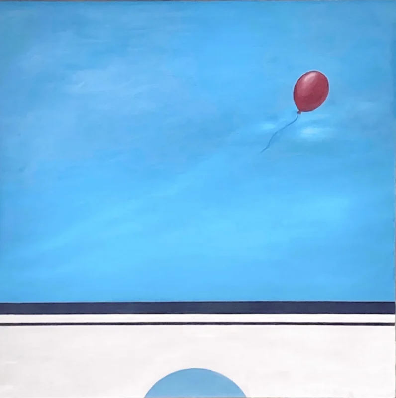 Minimalist conceptual painting featuring a single red balloon floating within a vast blue space.