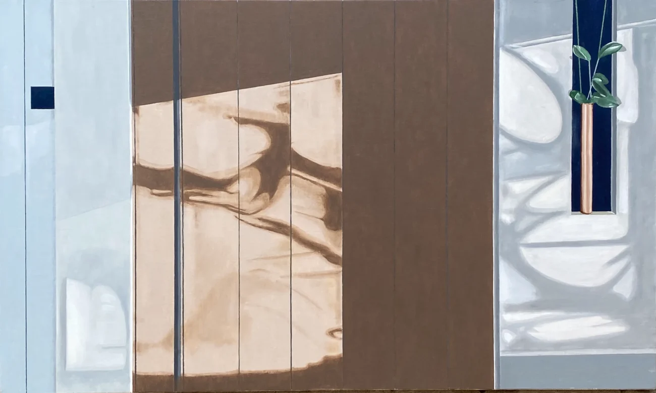 Spatial painting depicting sunlight cast through a window onto interior walls and surfaces, creating layered relationships of light and shadow.