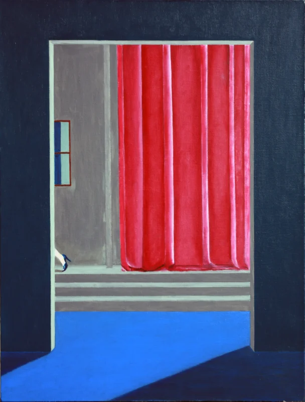 Painting featuring red curtains, a window, and a blue floor, creating a quiet yet theatrical interior space.