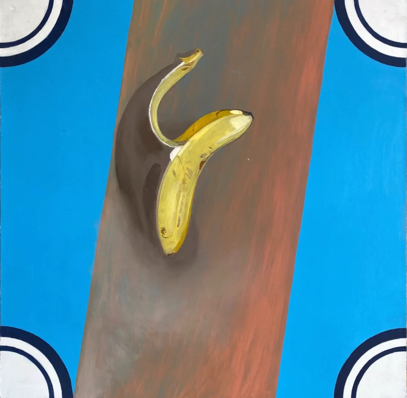 Conceptual painting featuring a banana suspended within a geometric spatial setting.