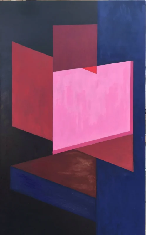 Minimalist geometric painting composed of red, pink, and deep blue spatial forms, with intersecting planes creating a dramatic sense of depth and spatial tension.