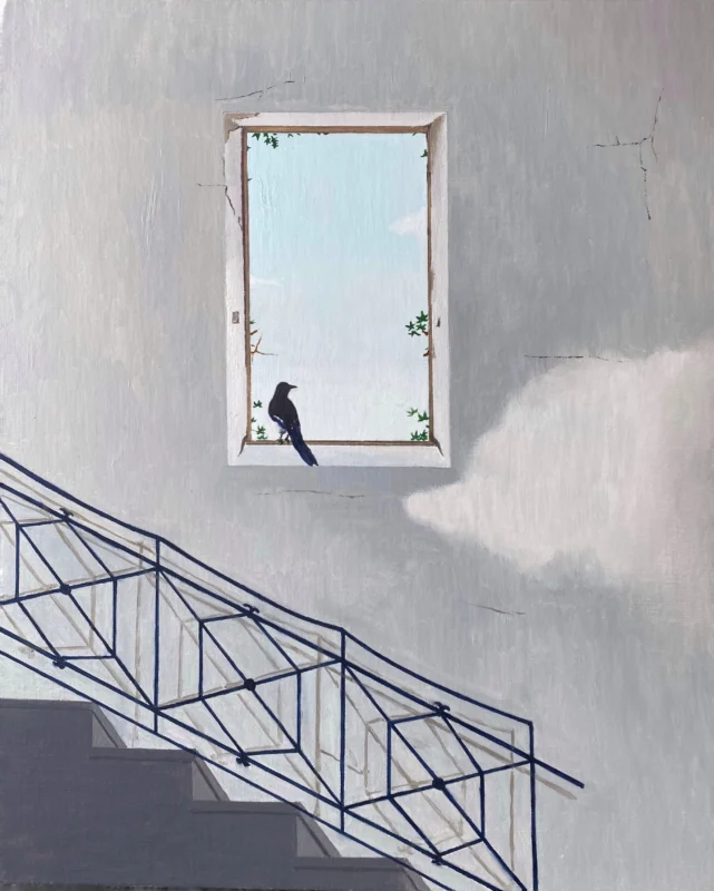 A minimalist scene featuring a window and staircase railing against a pale wall, with a black bird sitting quietly on the windowsill.