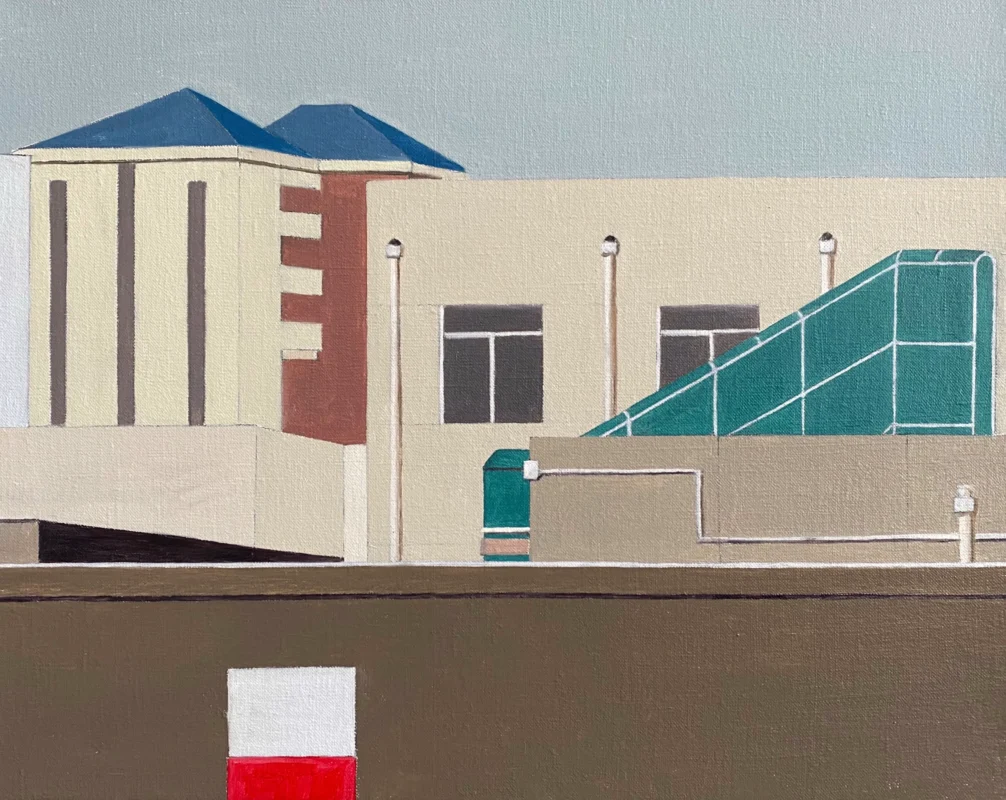 A minimalist urban composition featuring simplified architectural volumes, stairways, and geometric structures.