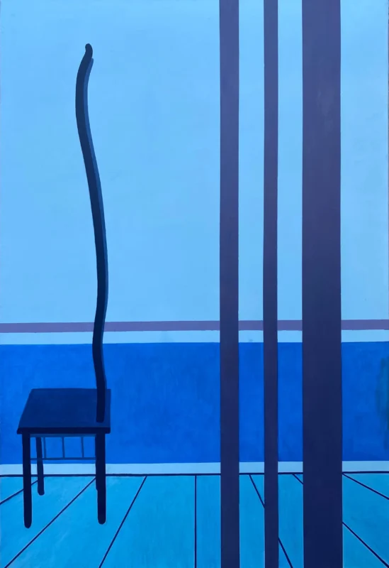 A solitary chair stands within a blue architectural space, accompanied by vertical structures that create a rhythmic composition.