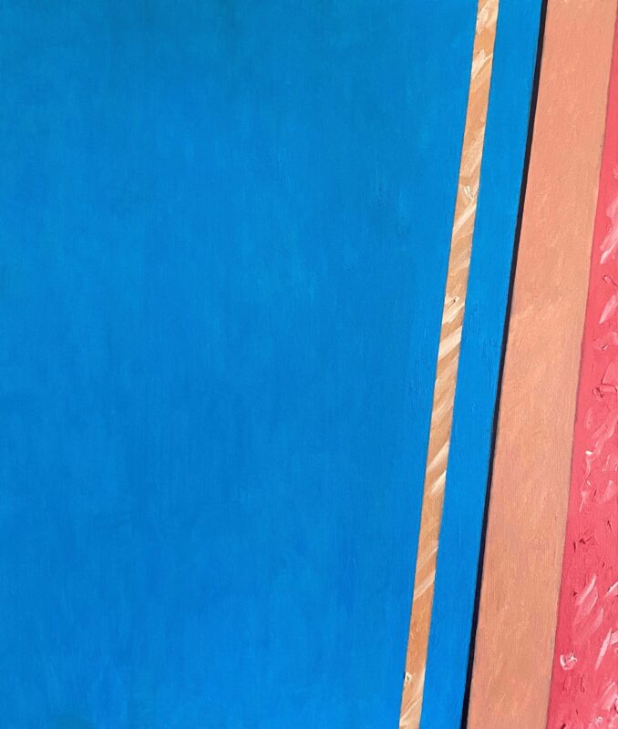 Minimalist artwork evoking a coastline through a blue field and red-and-white linear structures.