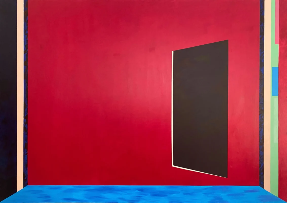 Minimalist artwork featuring a dark open doorway within a red space, creating a symbolic spatial relationship.