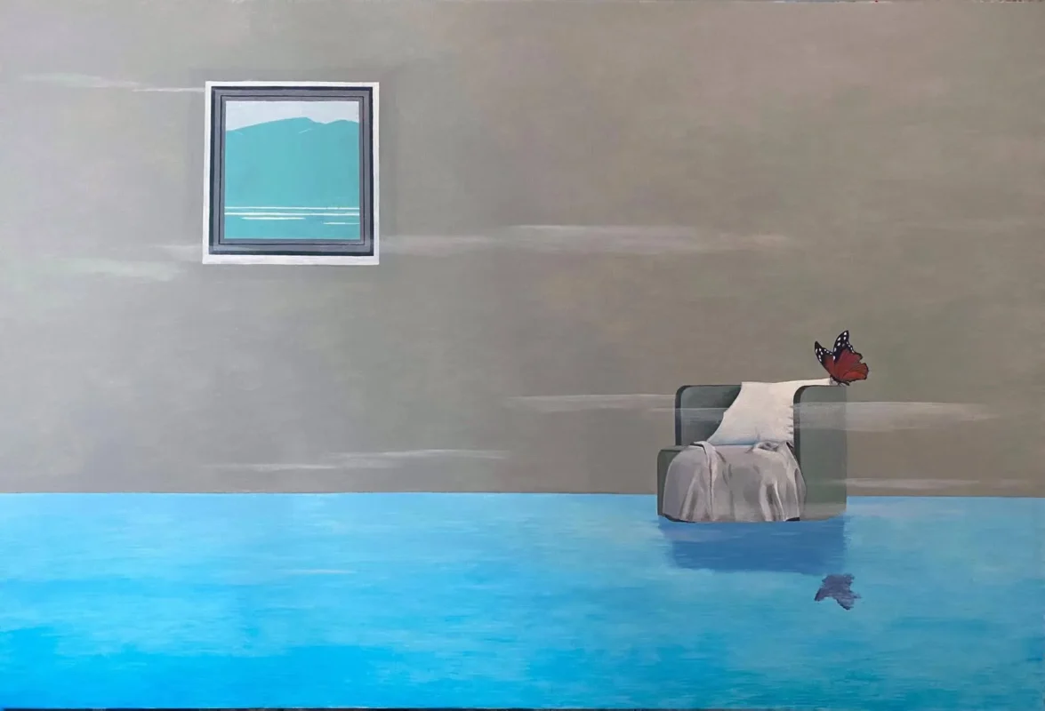 Surreal painting combining a human figure, a butterfly, and a tranquil space to create a dreamlike atmosphere.