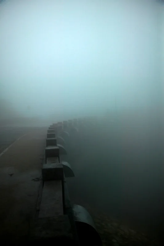 A mist-covered pathway disappearing into the distance beside still water, from Wang Wulong’s Dreaming of Mount Lu series.
