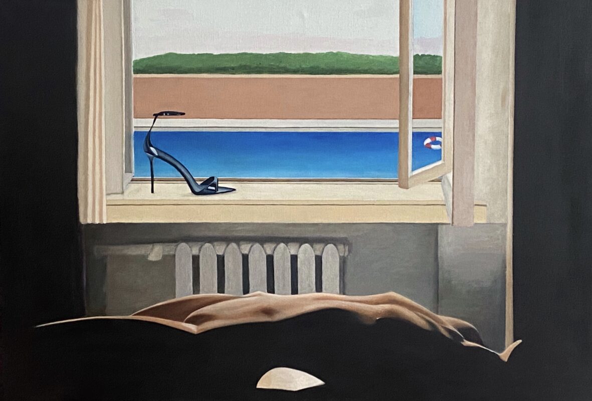 A reclining human figure lies inside a room facing an open window, where blue water and a single high-heeled shoe create a scene suspended between reality and dream.