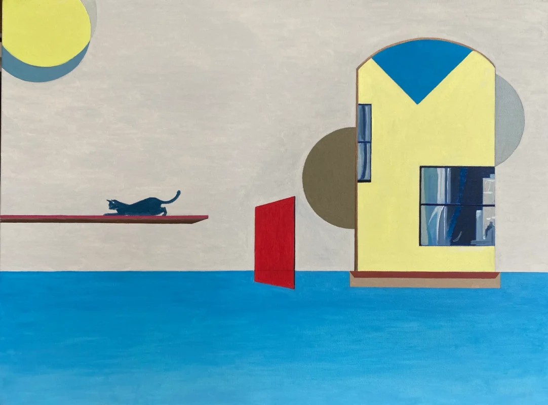 Painting depicting geometric architecture and floating elements within a surreal spatial setting.
