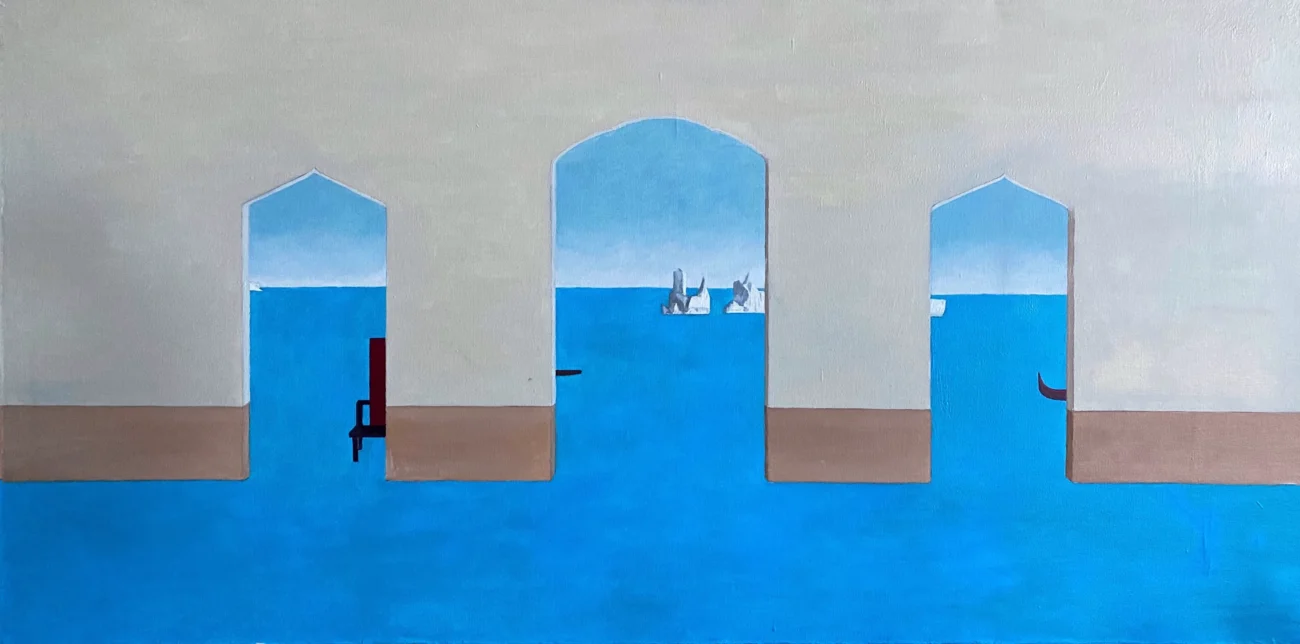Painting featuring repeated architectural openings and a horizontal spatial composition.
