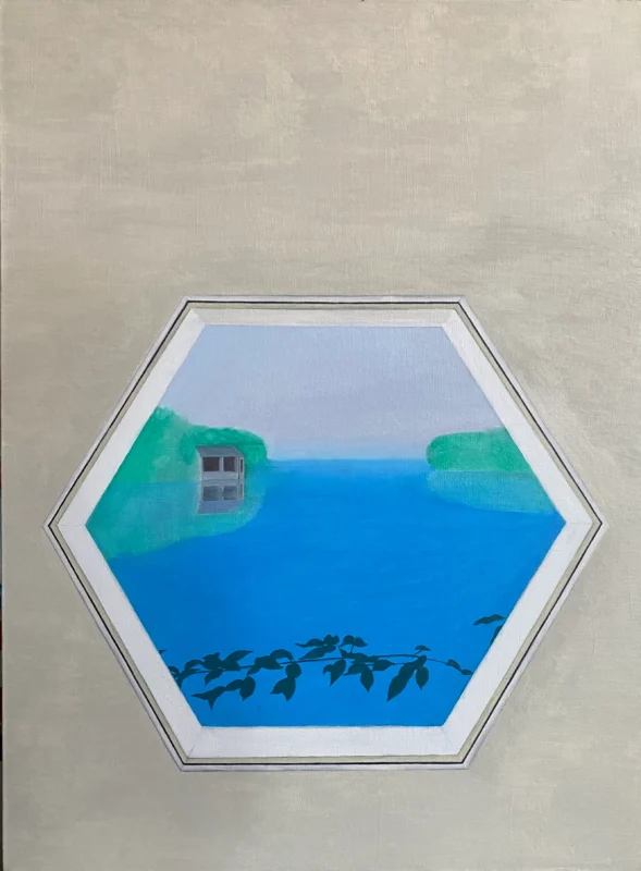 Painting depicting floating architecture and waterscape contained within a hexagonal frame.