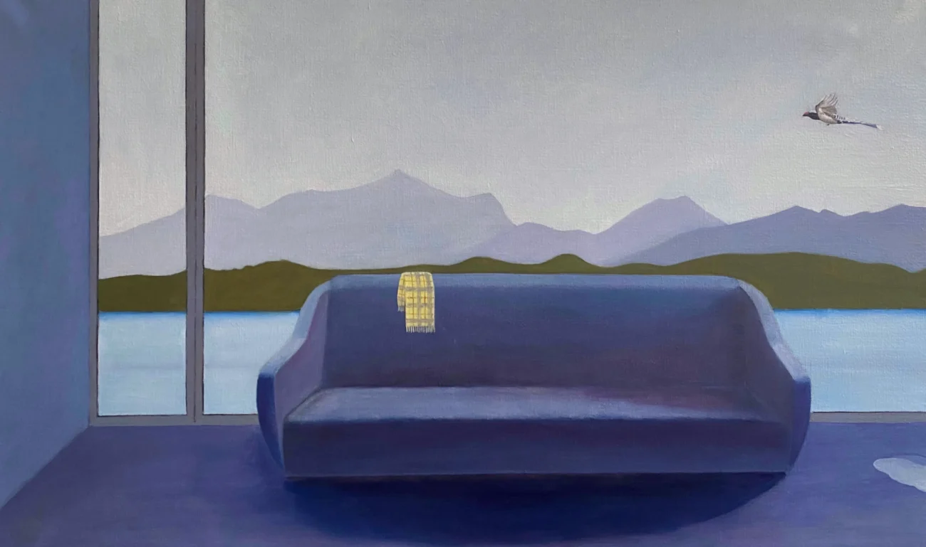 Painting depicting an interior bed and distant landscape within a dreamlike setting.