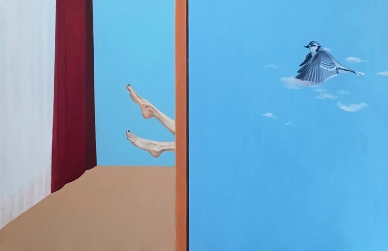 Surreal painting featuring floating hands and a flying object within an imagined space.