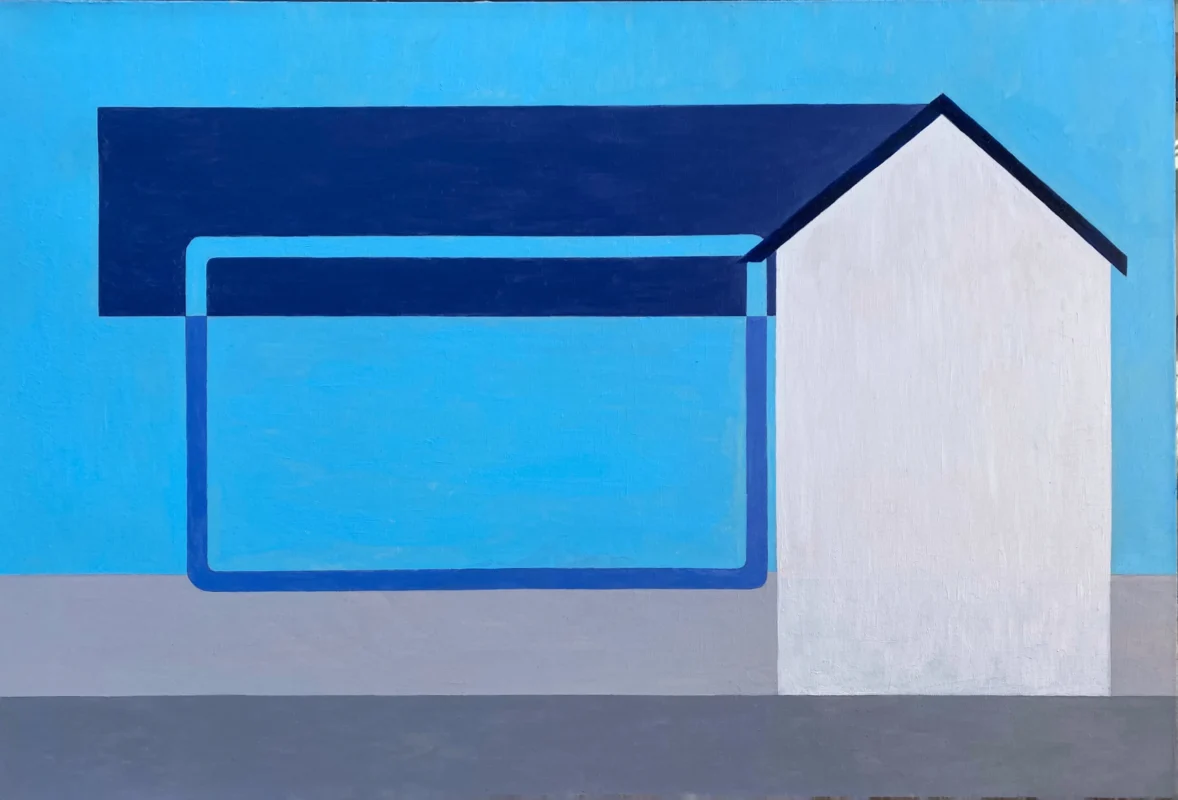 Minimalist artwork depicting a quiet atmosphere through architectural forms and open spatial structures.