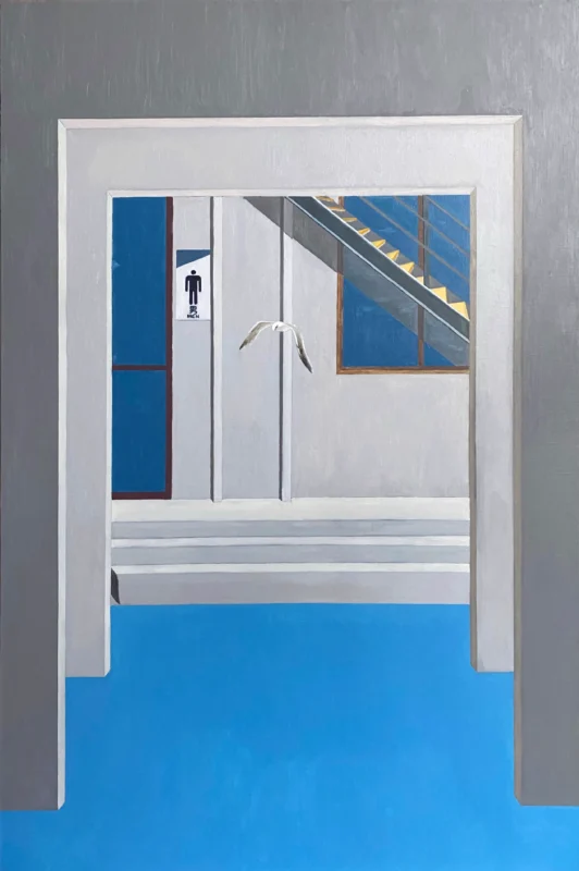 Surreal painting depicting a floating human figure within an architectural passageway.