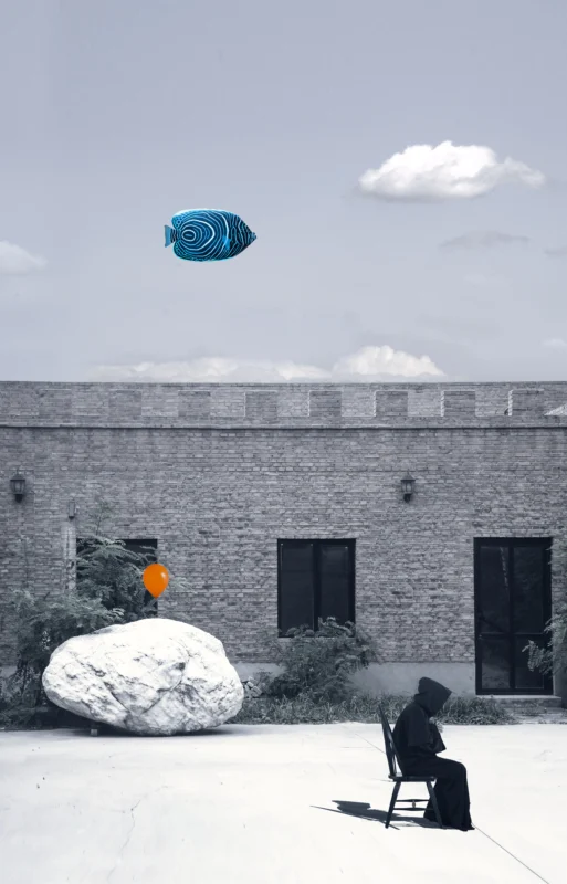 Floating blue and white cloud-like forms above a seated figure in an open courtyard.