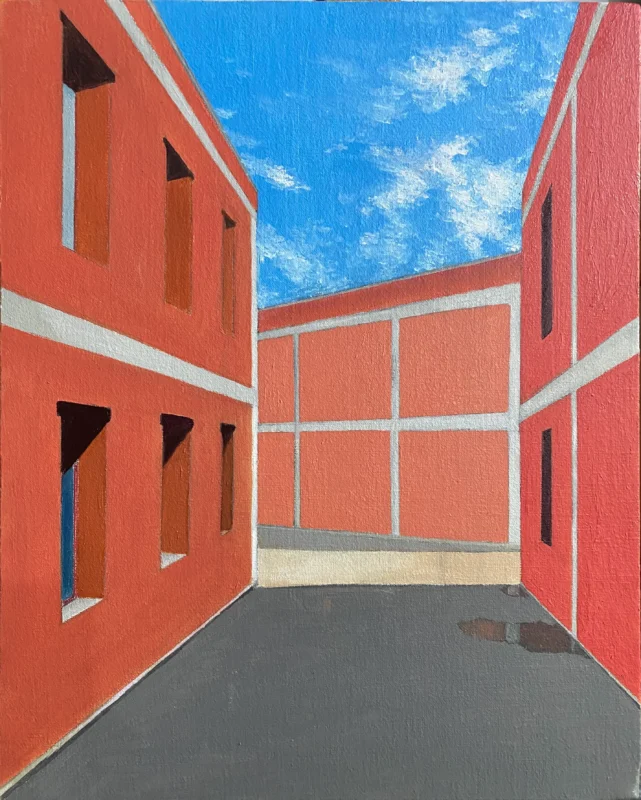 Minimalist artwork depicting a spatial relationship formed by red architectural structures and a narrow alleyway.