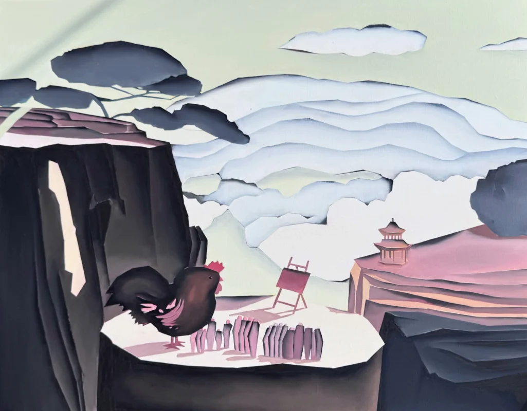 Geometrically reconstructed mountain landscape with houses, pathways and layered natural forms in soft pastel colors
