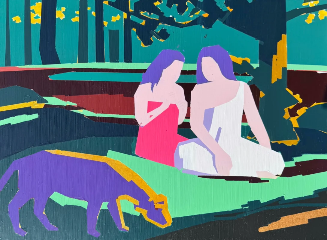 Geometrically reconstructed interpretation of Gauguin-inspired Tahitian imagery with simplified figures, landscape forms and layered color planes