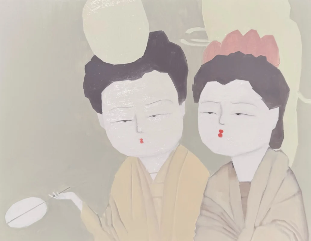 Geometrically reconstructed composition inspired by a traditional Chinese painting of ladies enjoying a summer retreat