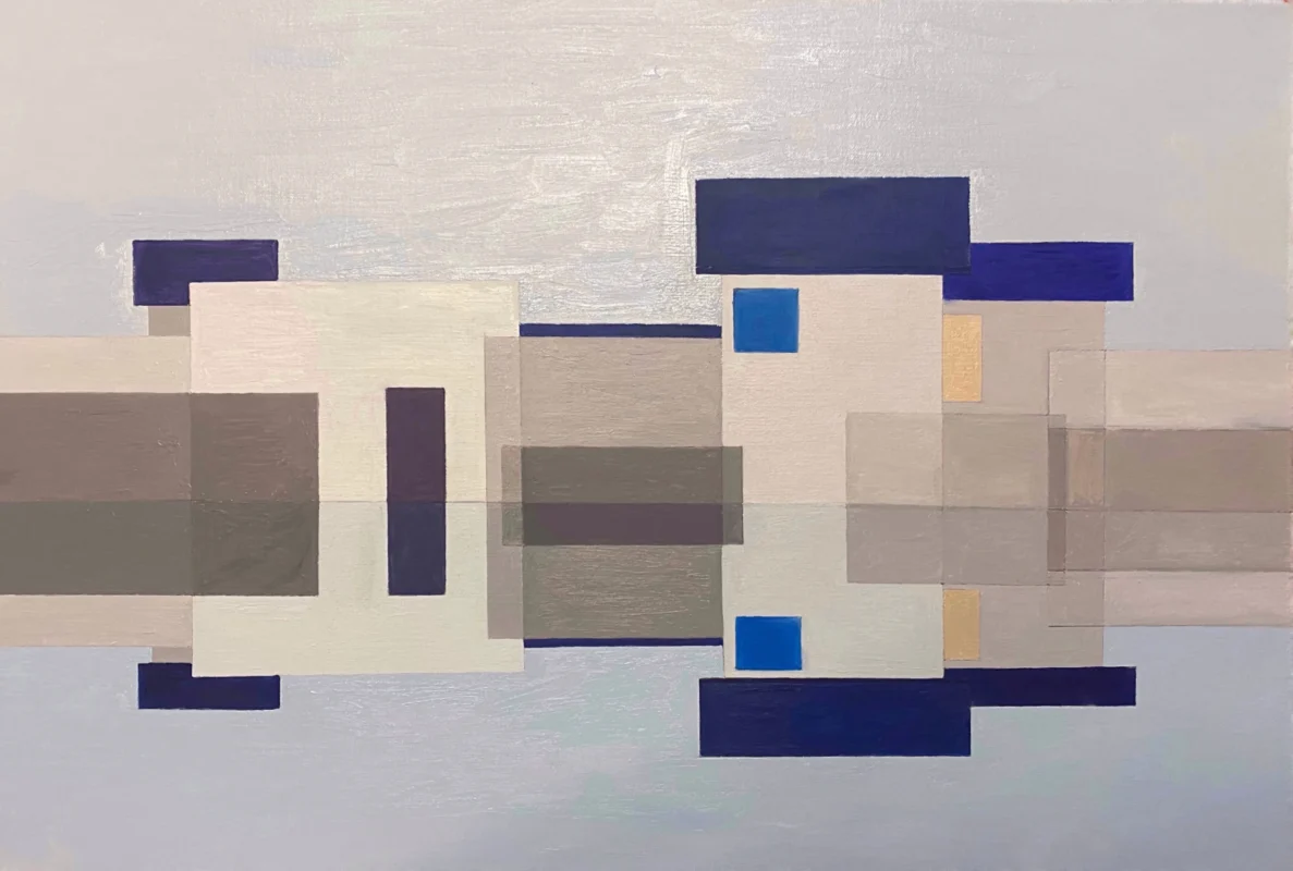 Horizontal geometric blocks and architectural fragments arranged in a balanced abstract composition.