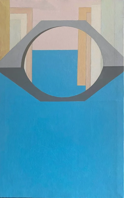 Minimalist landscape artwork reconstructing the geometric relationship between a Jiangnan stone bridge, water, and architecture.