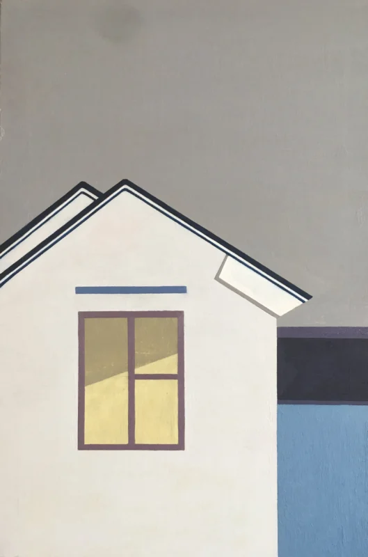 Minimalist Jiangnan landscape artwork composed of white walls, rooftops, and sky arranged in a simplified geometric composition.