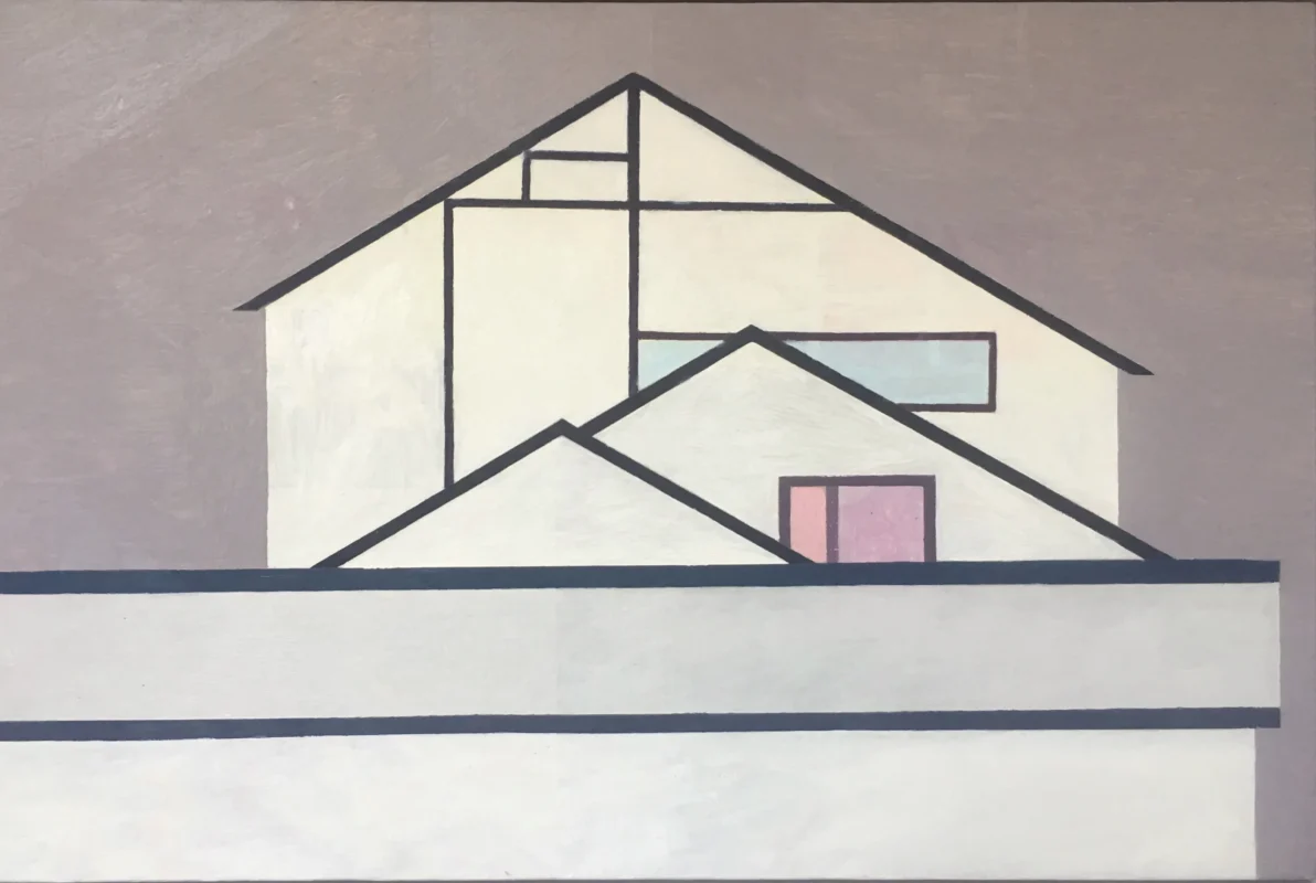 Minimalist Jiangnan landscape artwork featuring layered spatial relationships between white architecture and blue rooftops.