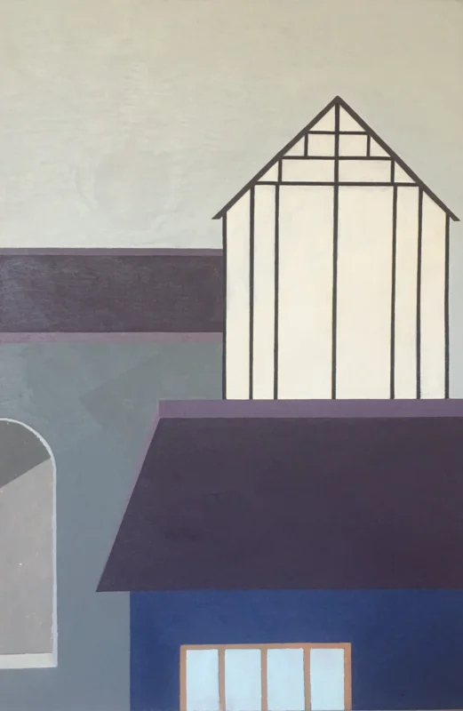 Minimalist landscape artwork featuring Jiangnan architectural silhouettes, white walls, and blue sky in an open spatial composition.
