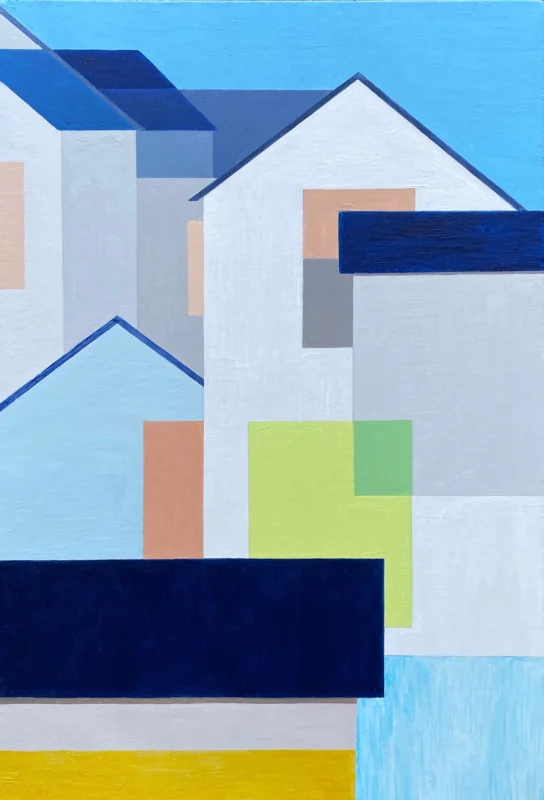 Minimalist landscape artwork depicting Jiangnan architecture, white walls, and waterfront structures through vibrant geometric color relationships.