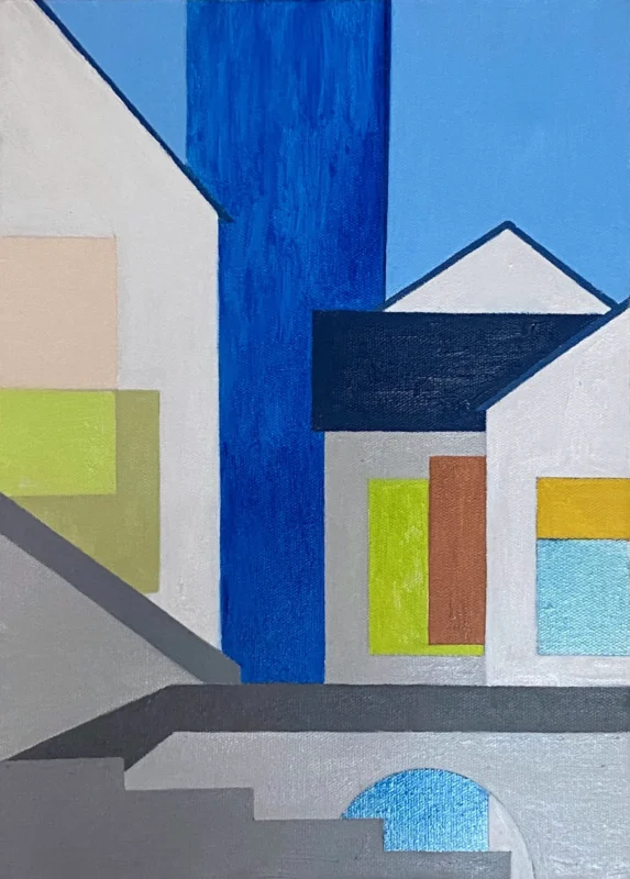 Colorful architectural planes and intersecting geometric volumes create an abstract urban landscape.