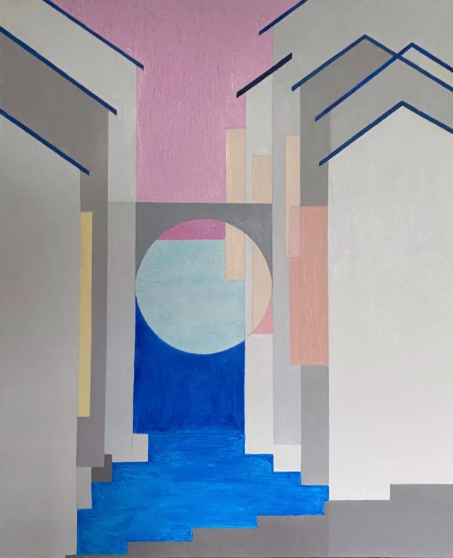 A narrow architectural passage framed by white facades and geometric forms leading toward a circular opening.