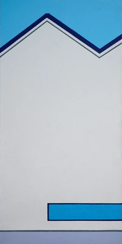 Minimalist landscape artwork composed of roof outlines, open sky, and simplified color planes.