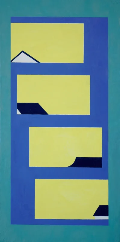 Layered geometric forms resembling windows and architectural fragments arranged in a vertical abstract composition.