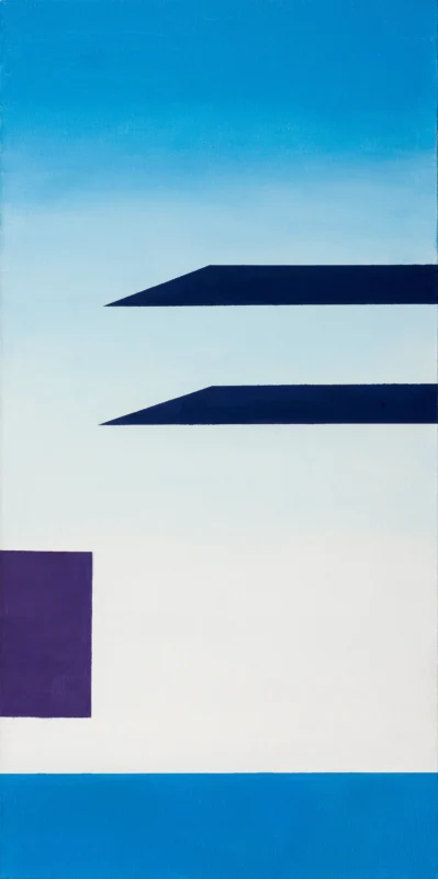 Minimalist landscape artwork composed of sky, roof silhouettes, and geometric color planes arranged in an open spatial composition.