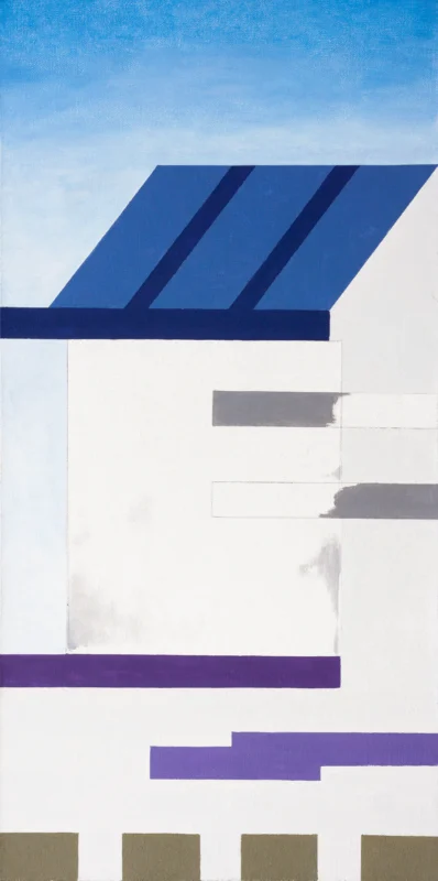 Minimalist landscape artwork constructed from roof structures, horizontal lines, and geometric color planes forming an abstract spatial relationship.