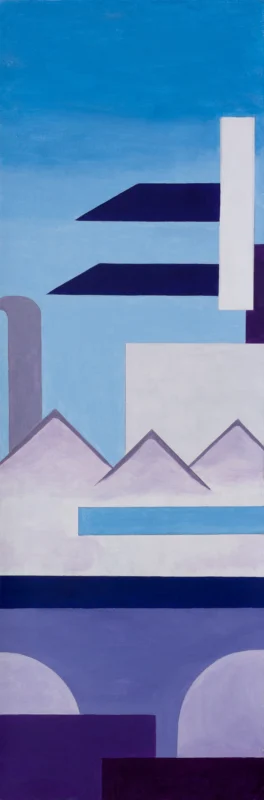 Minimalist landscape artwork composed of architectural forms, sky, and distant mountains arranged in layered spatial relationships.