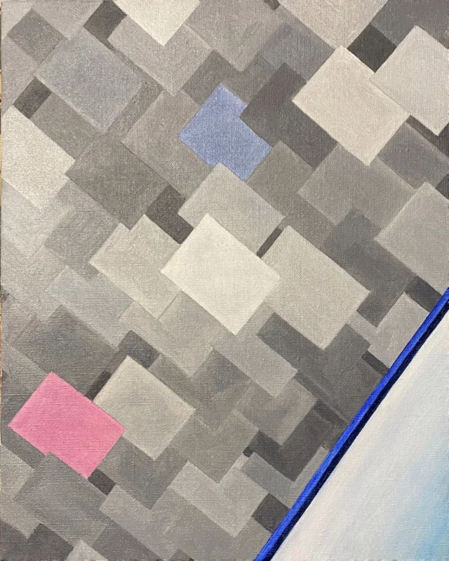 Abstract painting composed of overlapping grey geometric blocks with blue and pink accents, creating a floating and fragmented spatial structure.