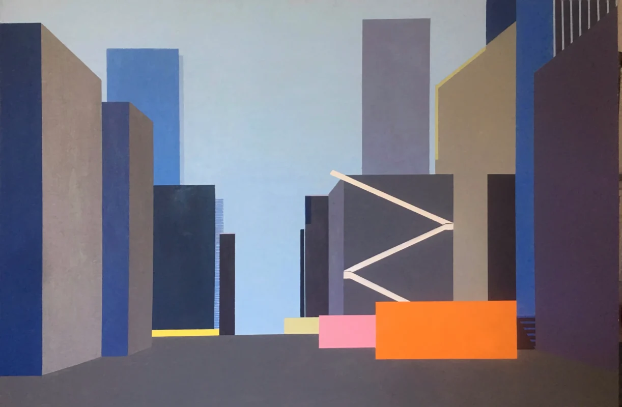 Geometric architectural volumes arranged within an urban space, combining sharp angles and vivid color accents to create an abstract interpretation of a New York streetscape.
