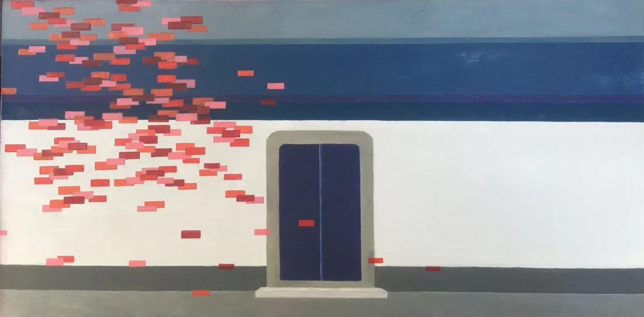 A minimalist architectural facade with a dark doorway, accompanied by floating red leaf-like forms drifting across the scene.