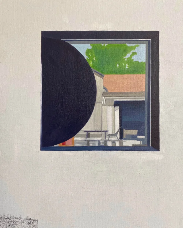 A courtyard viewed through a square window is partially obscured by a dark circular form, creating a dialogue between architecture, framing, and perception.