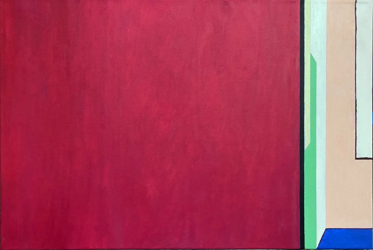 Minimalist artwork featuring a large red wall and a narrow spatial opening, creating strong visual tension.