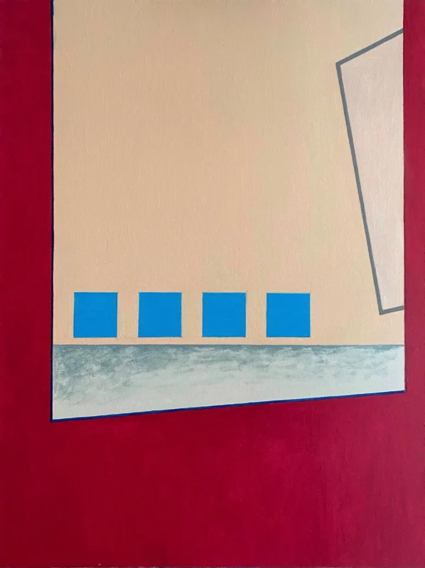 Minimalist painting composed of red framing elements, blue blocks, and tilted geometric planes, evoking fragments of an archaeological site.